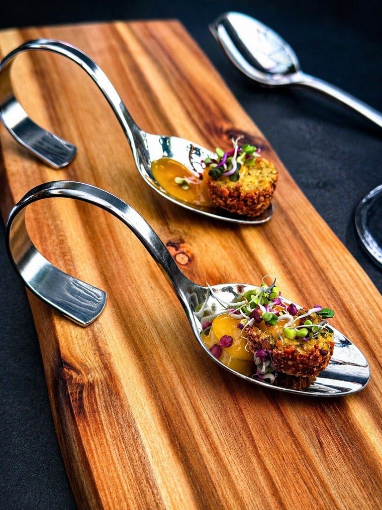 Zwei Löffel mit Amuse-Bouche, angerichtet auf einem Holzbrett