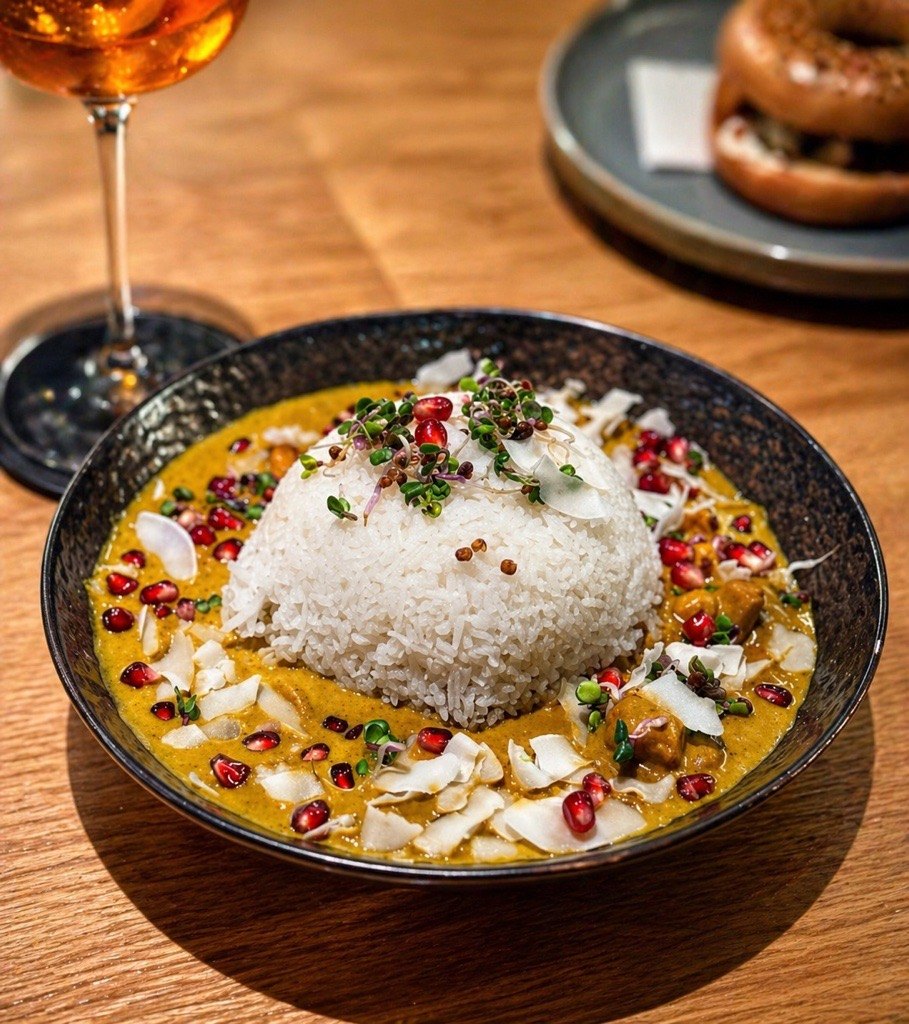 Angerichtetes Curry mit Reis, Granatapfel und Kräutern aus der Küche der HAFNERBAR