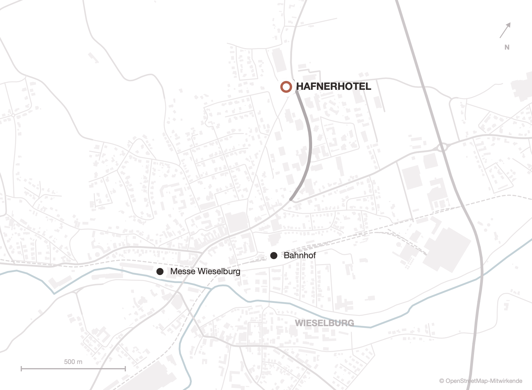 Lagekarte: das Hafnerhotel in Wieselburg, mit Messe Wieselburg und Bahnhof in der Nachbarschaft